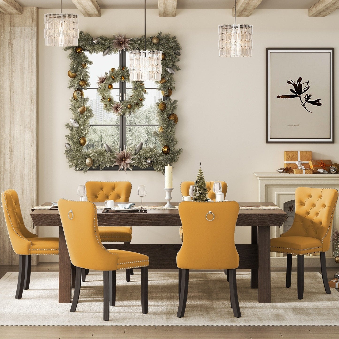 Chaise de salle à manger capitonnée en velours avec pieds en bois massif, lot de 6