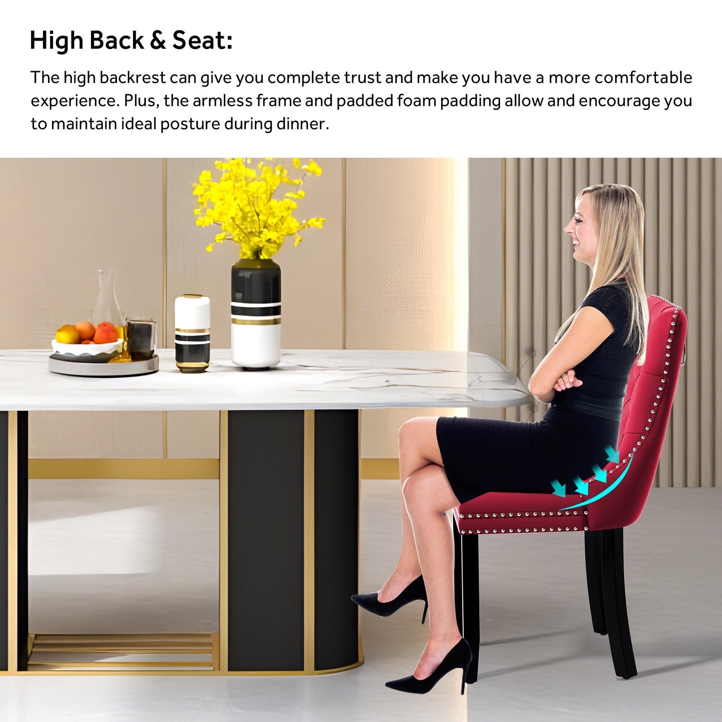 Chaise de salle à manger capitonnée en velours avec pieds en bois massif, lot de 6