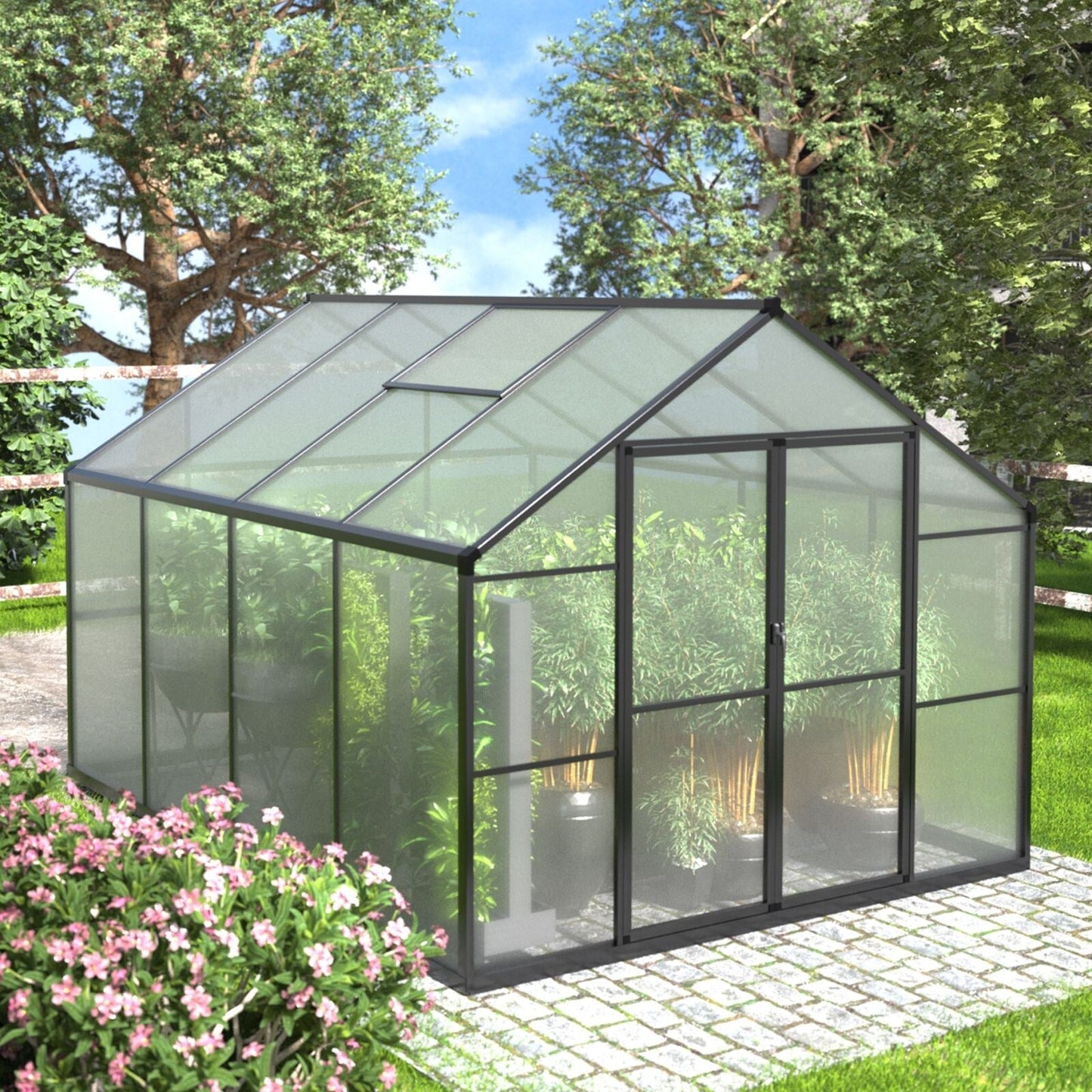 Serre de jardin en aluminium VEIKOUS avec ventilation de toit réglable et porte verrouillable, gris