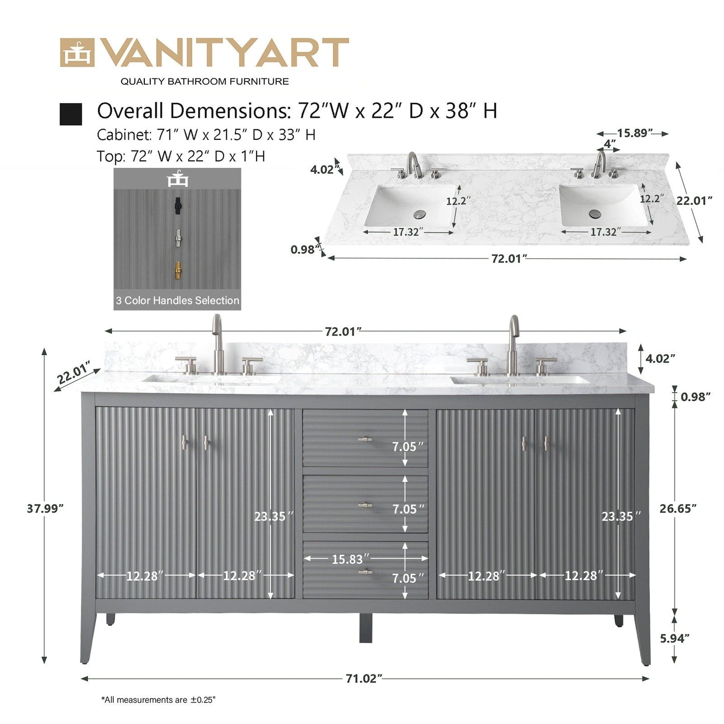 Meuble-lavabo double vasque Vanity Art 72 avec plateau en marbre reconstitué