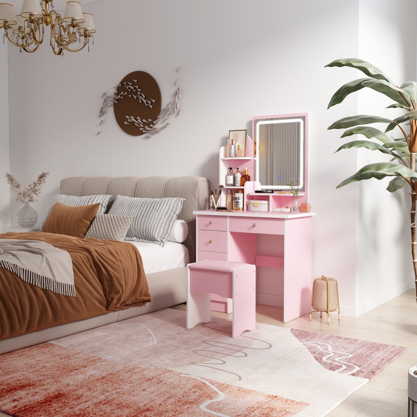 Ensemble de coiffeuse avec miroir et lampe, coiffeuse de maquillage avec tabouret