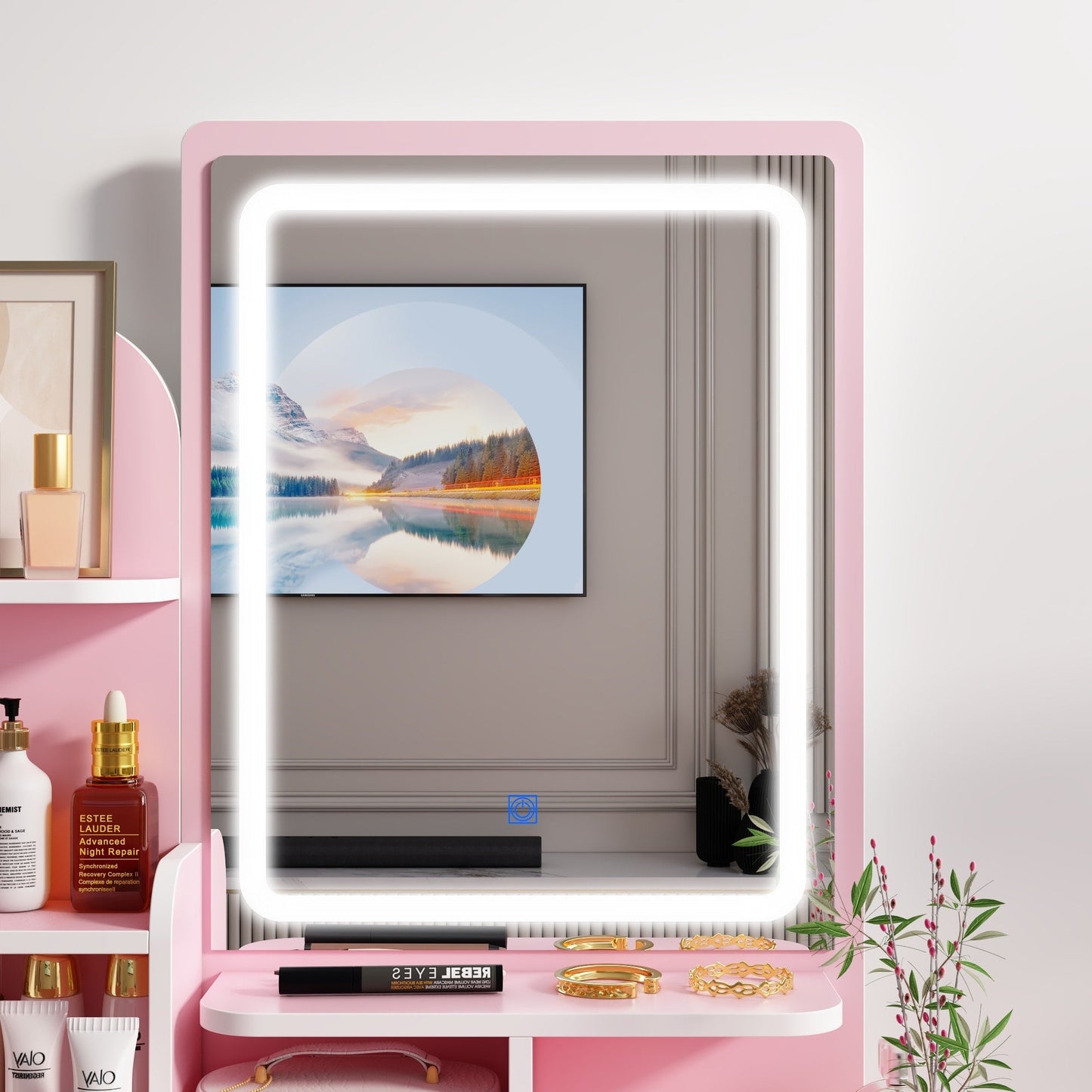 Ensemble de coiffeuse avec miroir et lampe, coiffeuse de maquillage avec tabouret