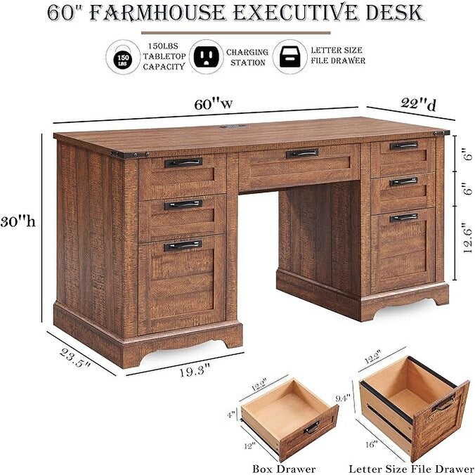 Bureau exécutif Farmhouse 60, bureau en bois pour la maison, bureau d'ordinateur