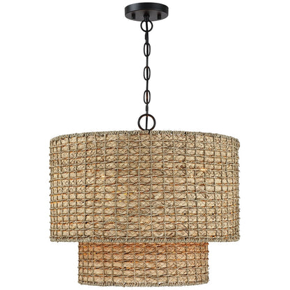 Suspension tambour traditionnelle en rotin naturel à 4 lumières avec auvent noir - Noir/ocre - 50,8 cm de largeur