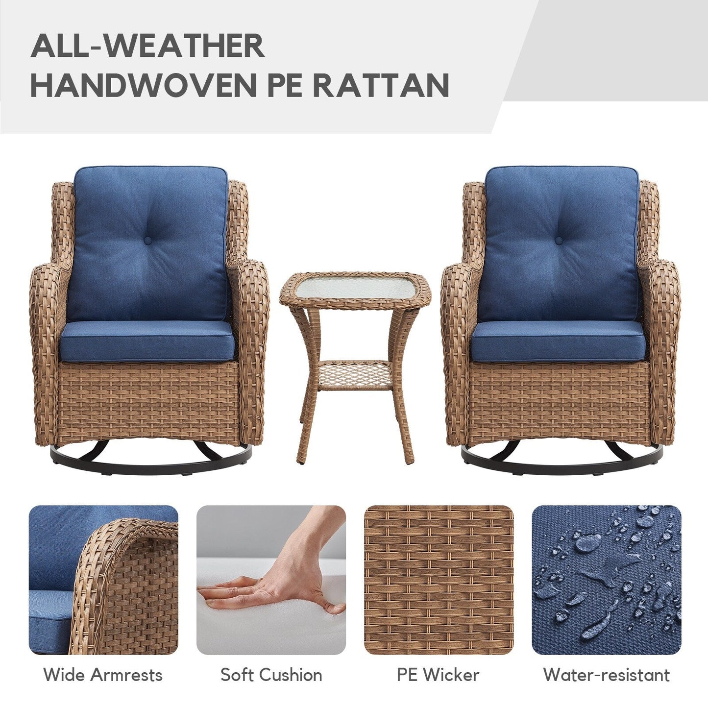 Fauteuil à bascule pivotant d'extérieur Gymojoy 3 pièces en osier avec coussin et table