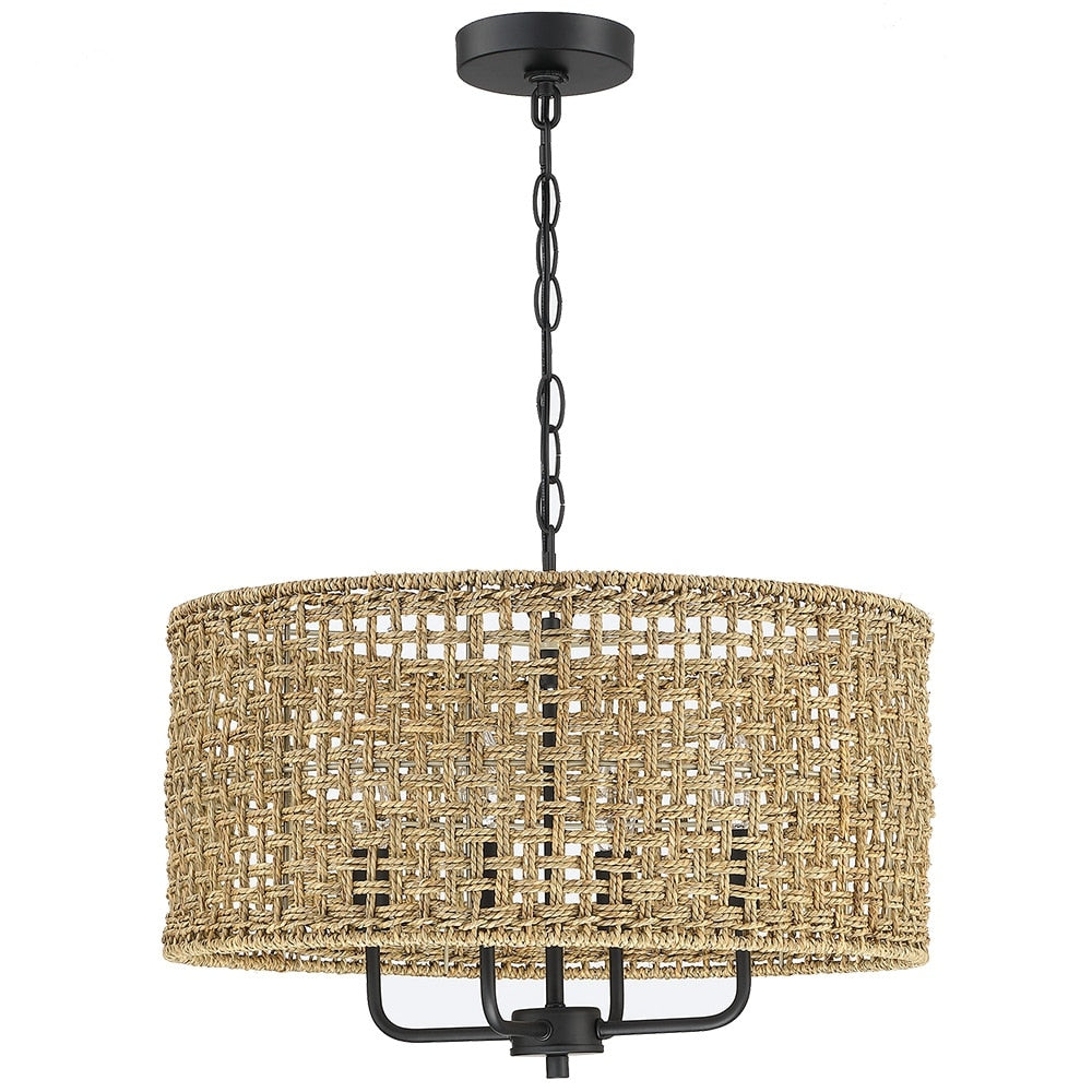 Lustre tambour bohème tissé à la main à 4 lumières - Paille - 20 po de largeur