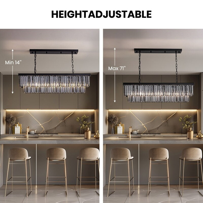 Lustre contemporain en cristal gris fumé et noir de 47 po, design linéaire à deux niveaux, luminaire suspendu pour îlot de cuisine et salle à manger.