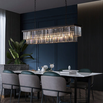 Lustre contemporain en cristal gris fumé et noir de 47 po, design linéaire à deux niveaux, luminaire suspendu pour îlot de cuisine et salle à manger.