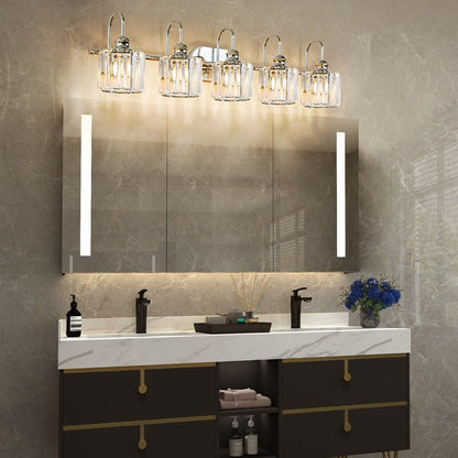 Luminaires de salle de bain en cristal à 5 ​​lumières, style glamour, linéaires et à intensité variable, avec abat-jour cylindrique en cristal