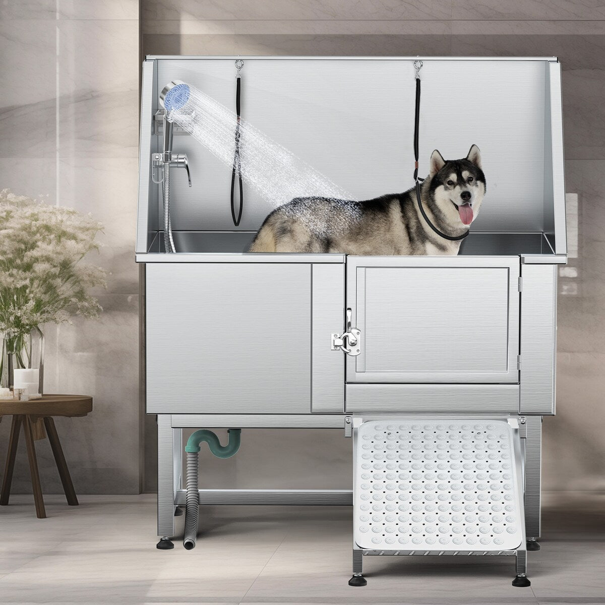 Baignoire de toilettage réglable en acier inoxydable de 50 po de largeur avec rampe - Argent