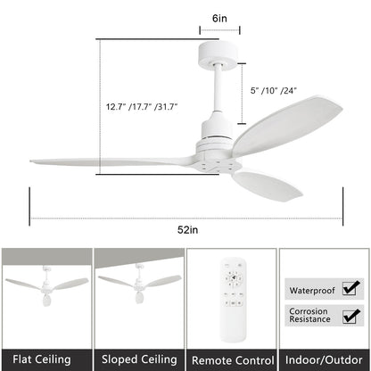 Ventilateur de plafond moderne en bois massif/ABS de 52 pouces avec télécommande (sans lumière), 6 vitesses de vent, flux d'air réversible