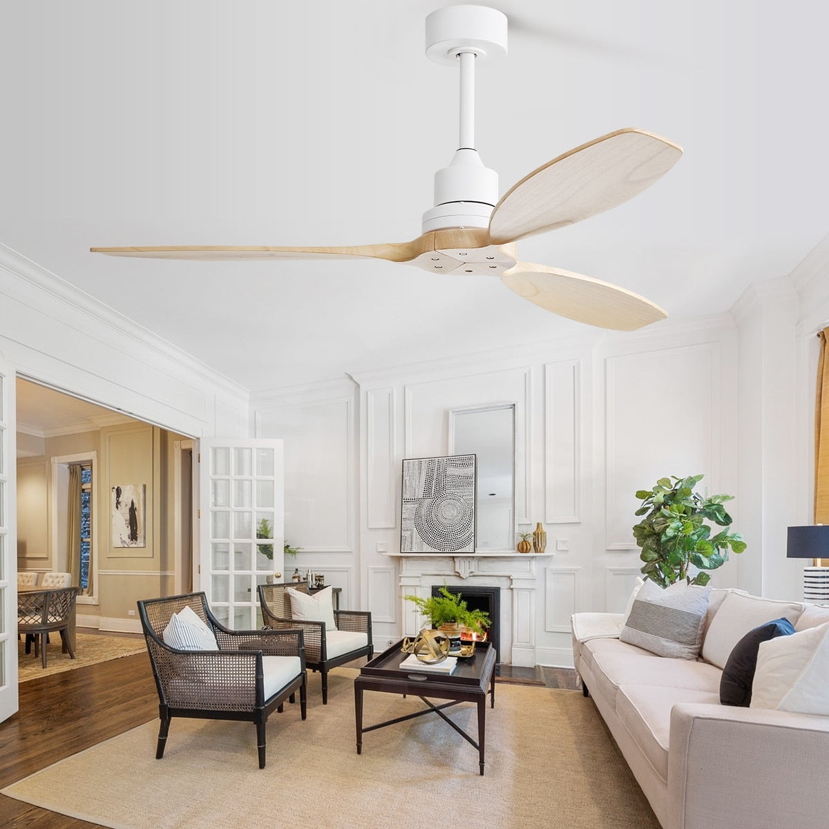 Ventilateur de plafond moderne en bois massif/ABS de 52 pouces avec télécommande (sans lumière), 6 vitesses de vent, flux d'air réversible