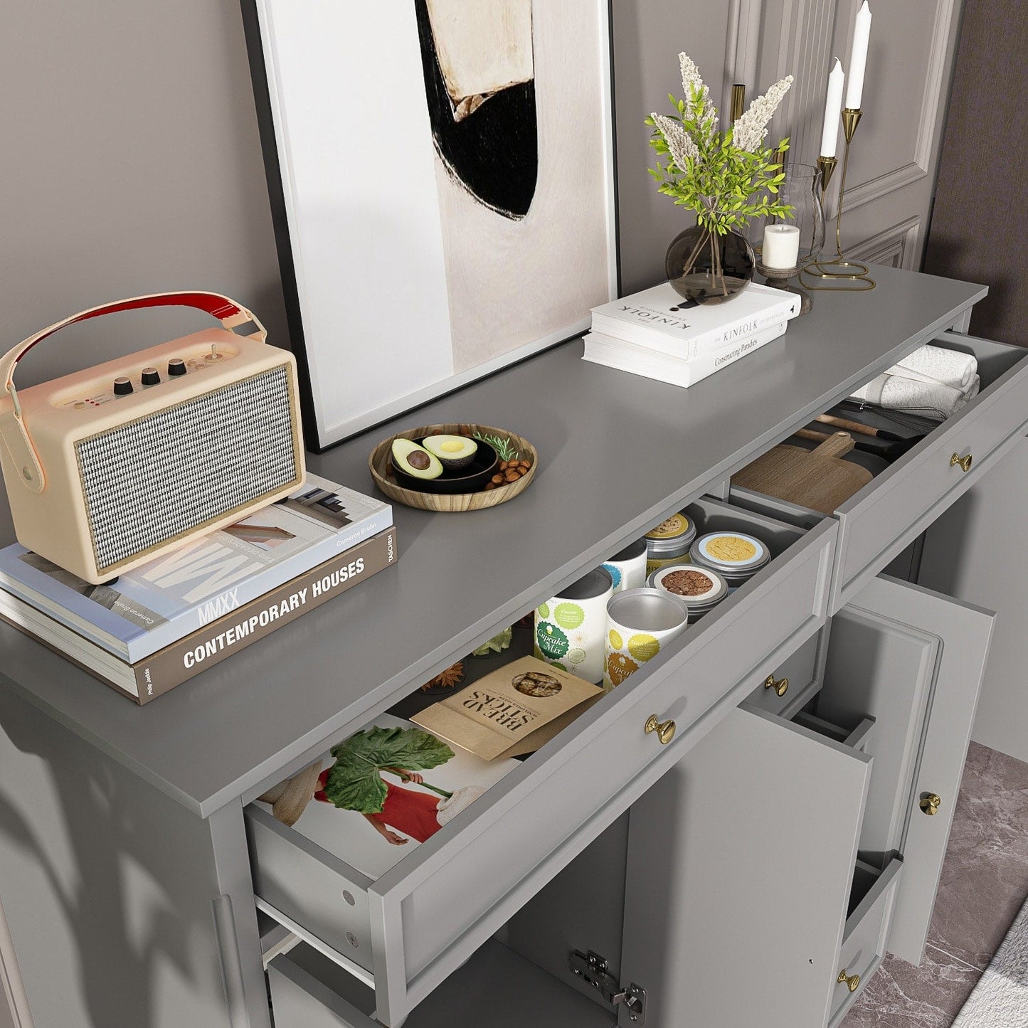 Buffet blanc laqué de 59,1 pouces, style contemporain et moderne du milieu du siècle