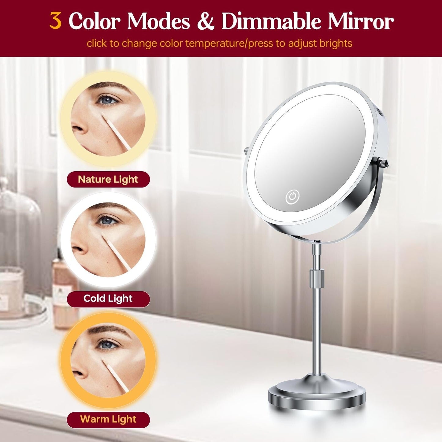 Miroir de maquillage éclairé à 9 LED, miroir grossissant double face avec grossissement 1X/10x, 3 couleurs d'éclairage