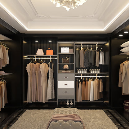 Rackcog Organiseur de placard réglable de 120 pouces avec tiroirs, système de placard avec étagères de bricolage pour placards et dressings