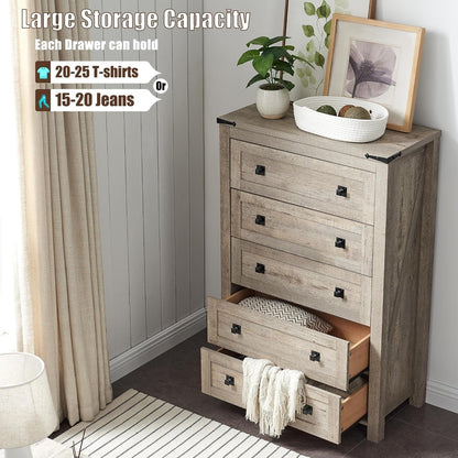 Commode haute en bois à 5 tiroirs de style ferme, commode pour chambre à coucher