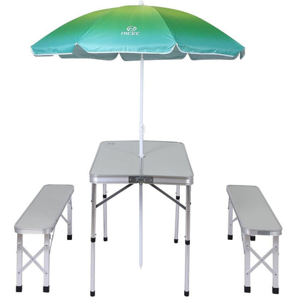 Table de pique-nique pliante et parasol pour camping, jardin, terrasse, fête sur la pelouse - Blanc avec parasol