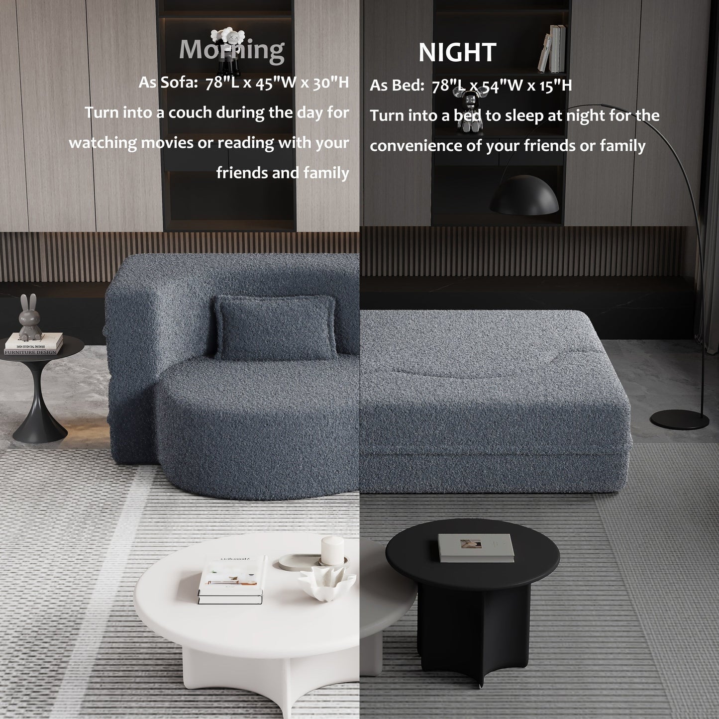 Canapé-lit convertible en tissu Teddy gris 78 pouces, garni de mousse, avec 2 oreillers et matelas pliant pour le salon