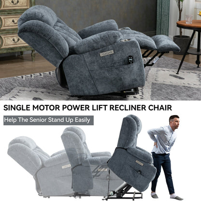 Fauteuil inclinable électrique en chenille grise avec massage, chauffage lombaire, ports USB et Type-C et porte-gobelets en acier inoxydable
