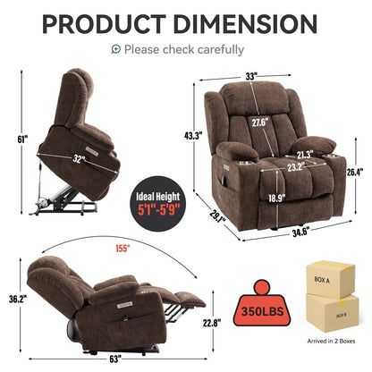 Fauteuil inclinable électrique en chenille grise avec massage, chauffage lombaire, ports USB et Type-C et porte-gobelets en acier inoxydable