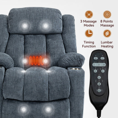 Fauteuil inclinable électrique en chenille grise avec massage, chauffage lombaire, ports USB et Type-C et porte-gobelets en acier inoxydable
