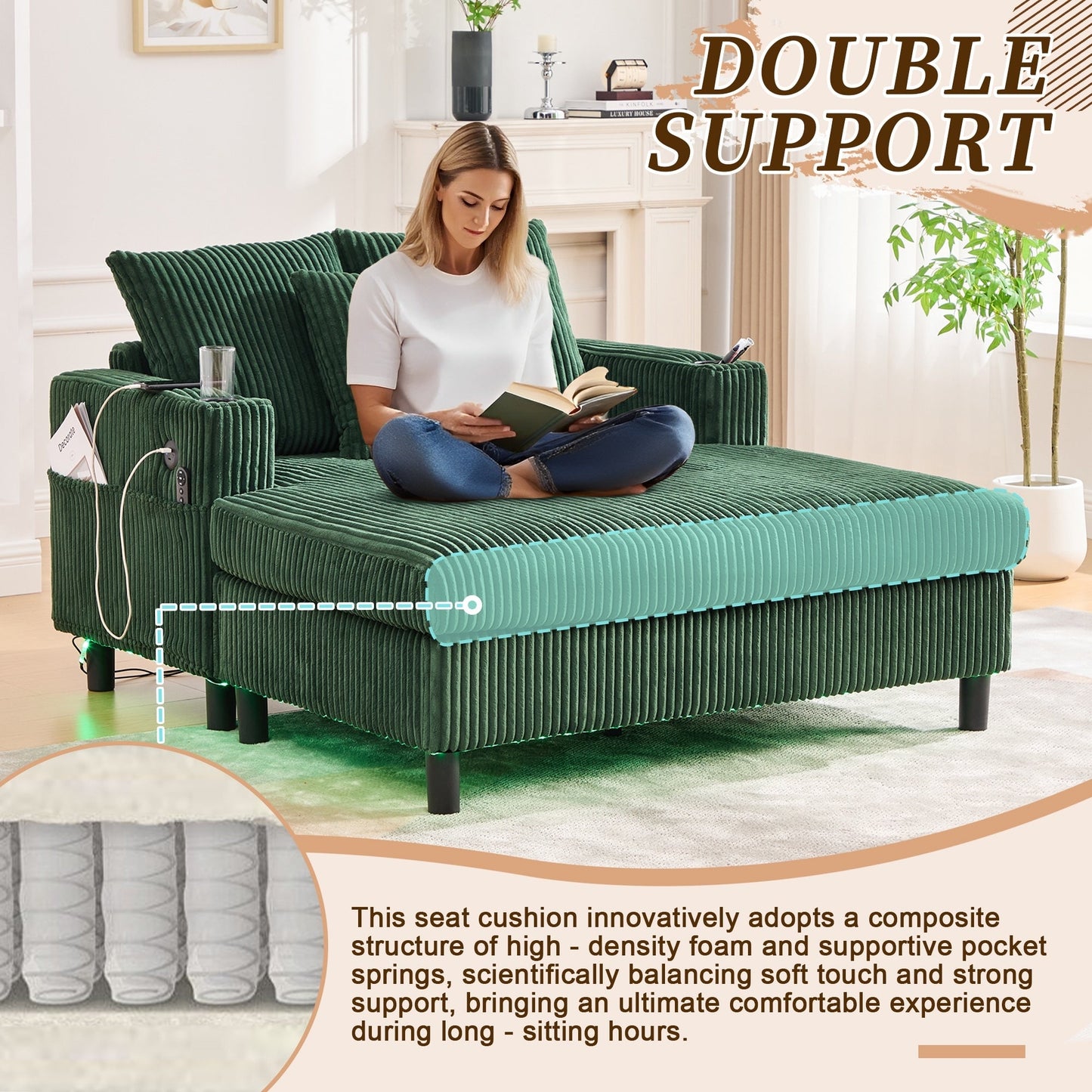 Canapé-lit inclinable surdimensionné HOMEFUN en velours côtelé avec éclairage LED RVB, porte-gobelet, port USB et 3 oreillers