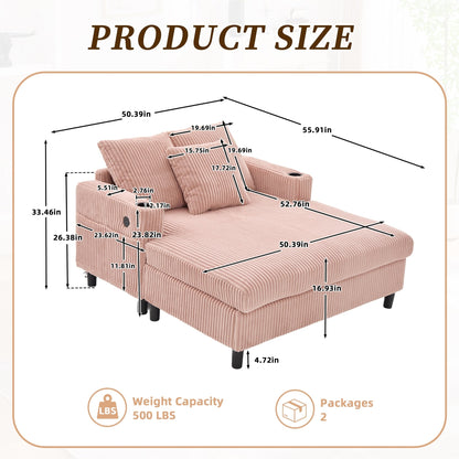 Canapé-lit inclinable surdimensionné HOMEFUN en velours côtelé avec éclairage LED RVB, porte-gobelet, port USB et 3 oreillers