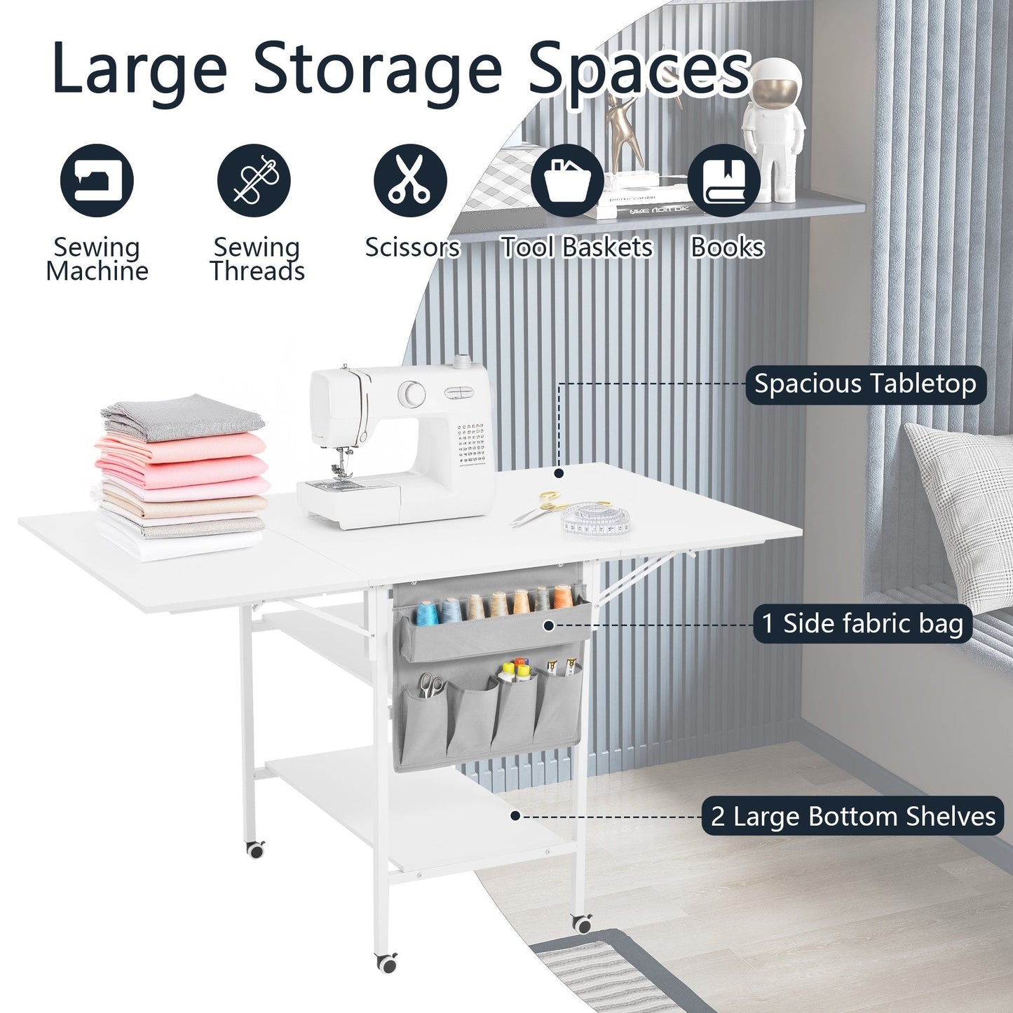 Table de bricolage réglable en hauteur avec étagères de rangement, table de découpe pliante mobile pour la maison, le bureau, la salle de couture et la salle d'artisanat
