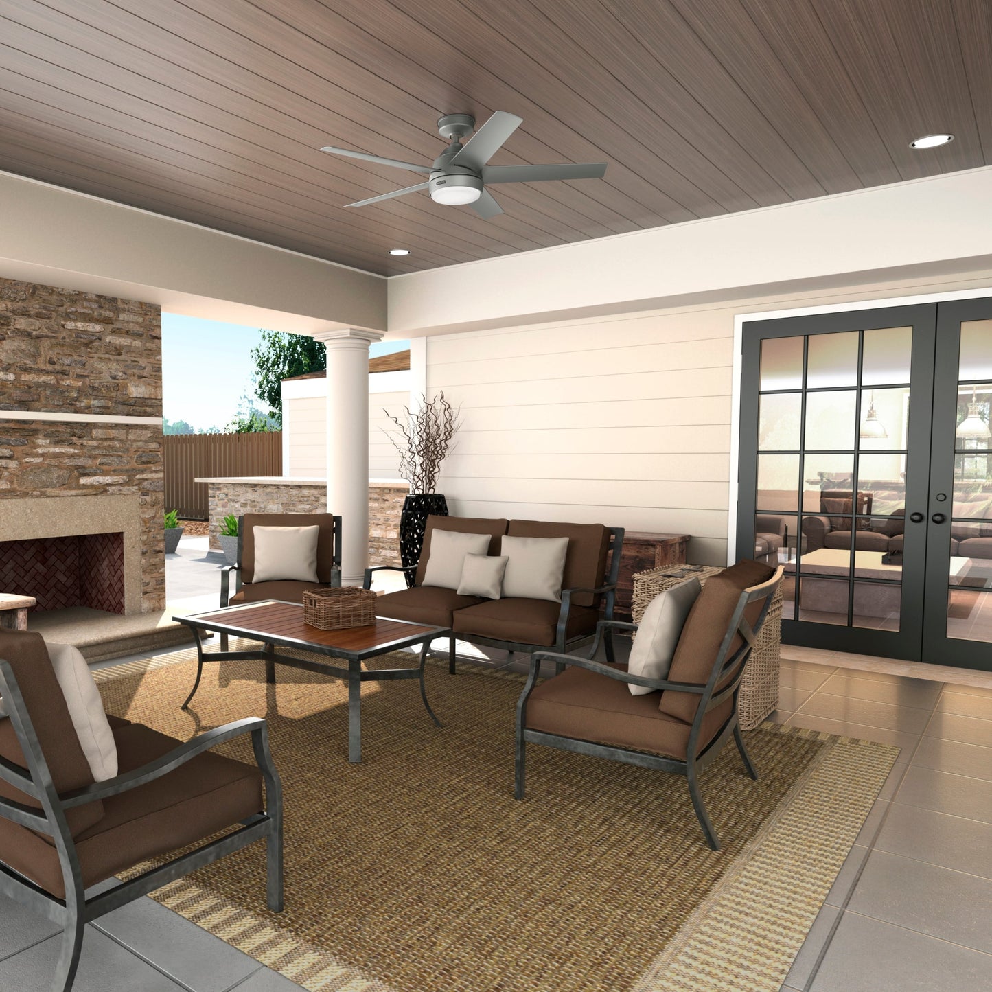 Ventilateur de plafond extérieur Hunter 52 Skyflow avec kit d'éclairage LED, commande murale - Côtier moderne contemporain - WeatherMax - CLASSÉ HUMIDE !