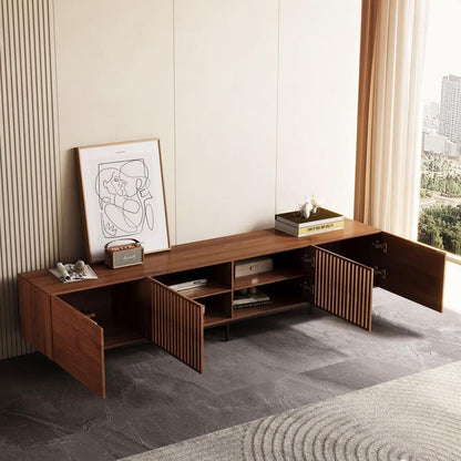 Meuble TV moderne du milieu du siècle avec 4 portes et rangements, compatible avec les téléviseurs jusqu'à 100 pouces, idéal pour le salon