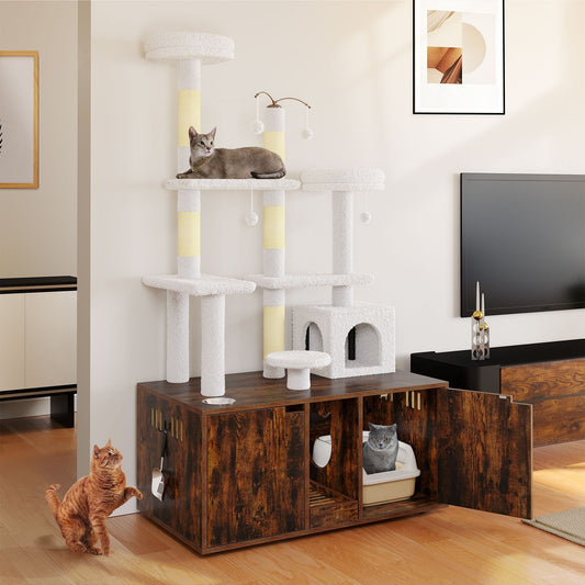 Enceinte double pour litière pour chat Moasis avec griffoir et arbre à chat