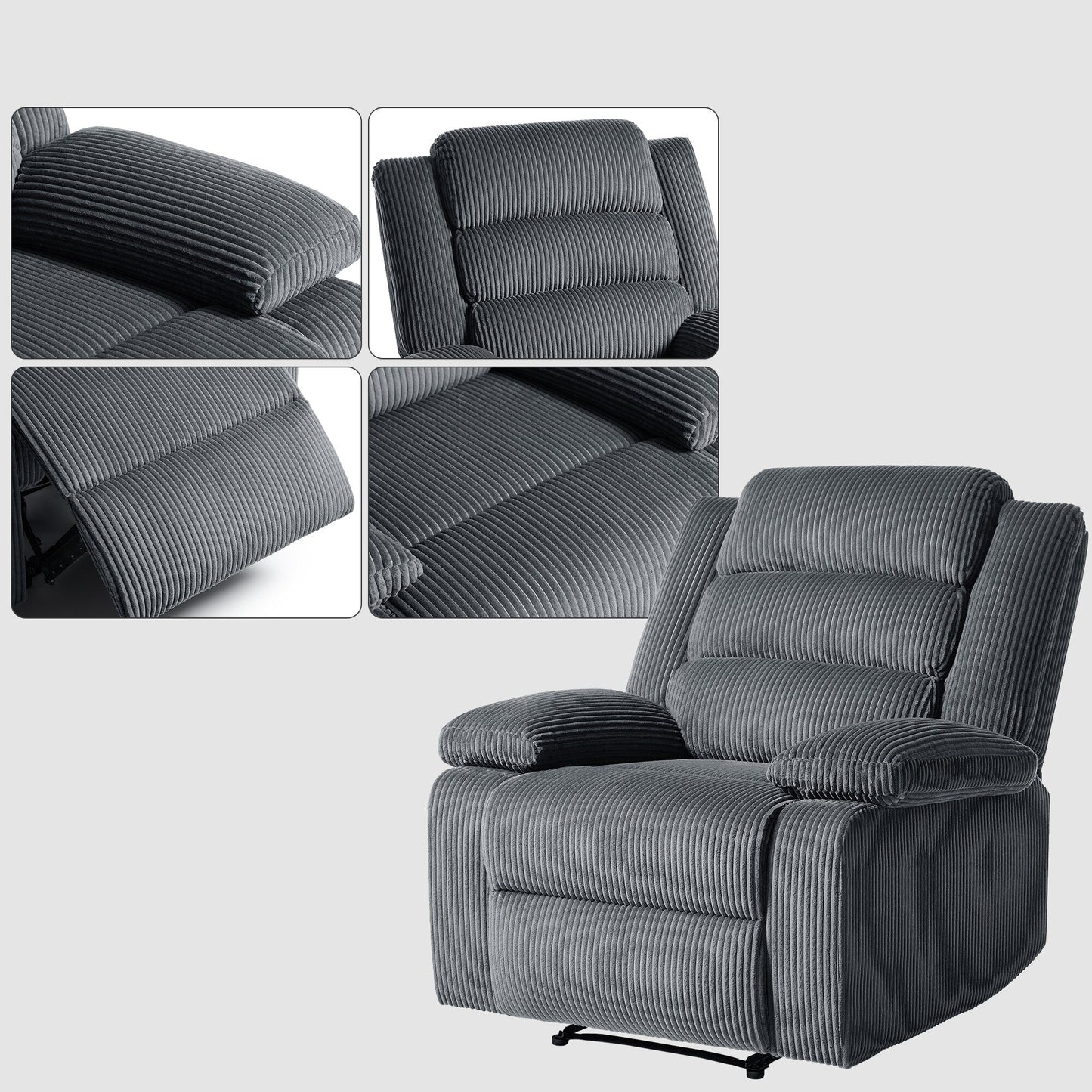 Fauteuil inclinable manuel moderne en velours côtelé, fauteuil inclinable réglable avec accoudoirs larges