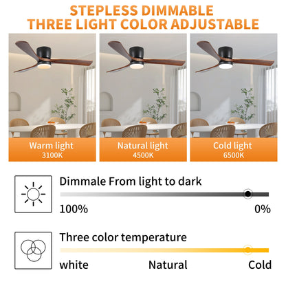 Ventilateurs de plafond modernes encastrés avec éclairage LED à intensité variable et télécommande, ventilateurs de plafond à moteur réversible pour salon, 42 pouces, noir