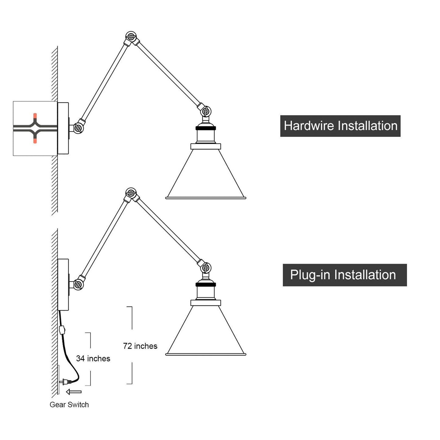Lot de 2 appliques murales modernes à bras pivotant réglables et câblées