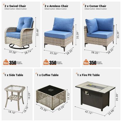 Ensemble de 9 chaises pivotantes d'extérieur en osier OVIOS avec table à feu