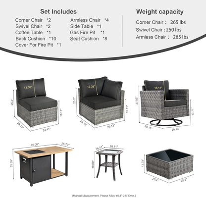 Ensemble de salon sectionnel OVIOS en osier à siège profond, 11 pièces, chaises pivotantes, foyer