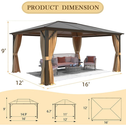 Tonnelle à toit rigide pour jardin – Pergola permanente avec filet, rideaux et double toit, abri extérieur toutes saisons