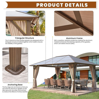 Tonnelle à toit rigide pour jardin – Pergola permanente avec filet, rideaux et double toit, abri extérieur toutes saisons