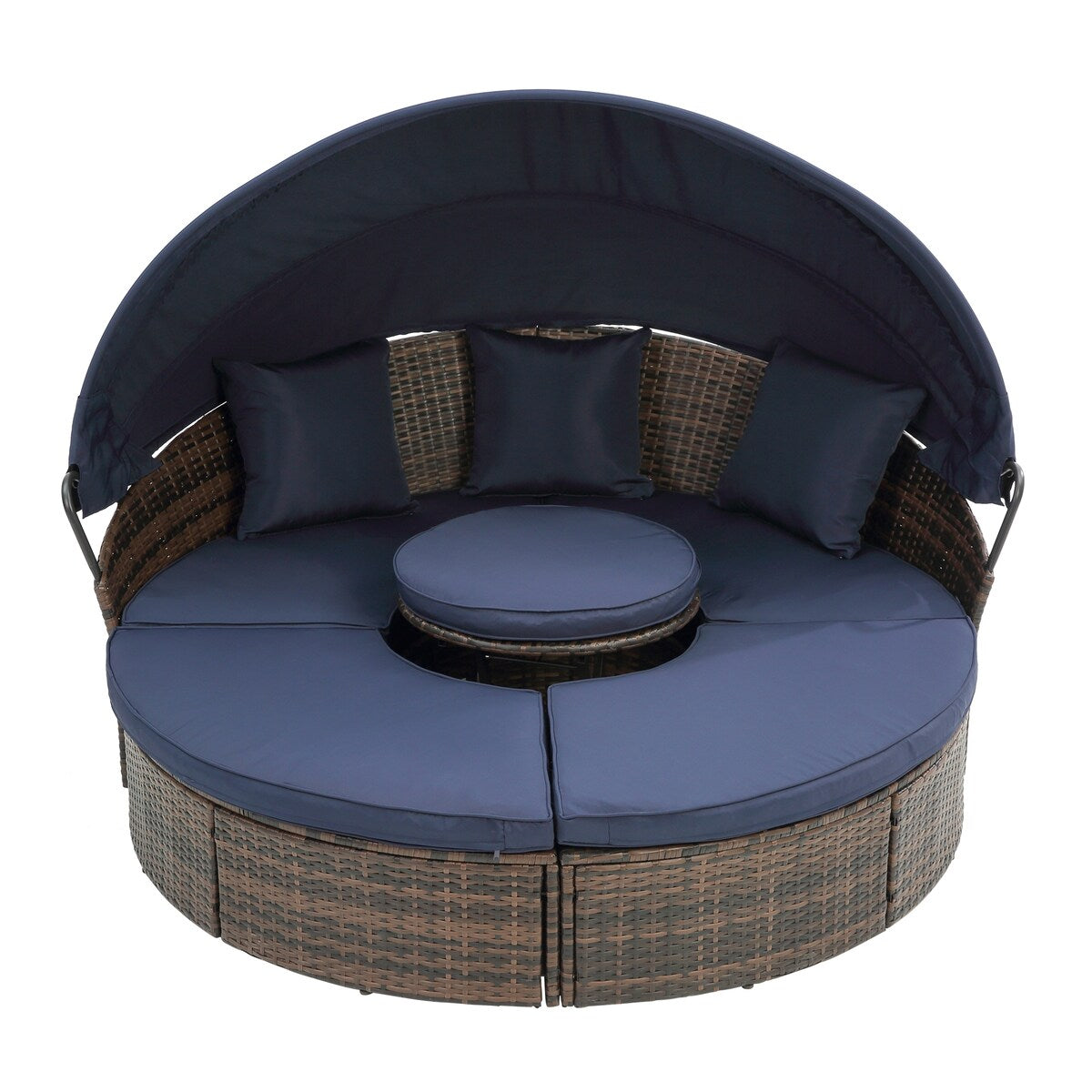Lit de repos rond en rotin pour extérieur avec table basse relevable, canapé-lit profond bleu marine avec oreillers et coussins lavables