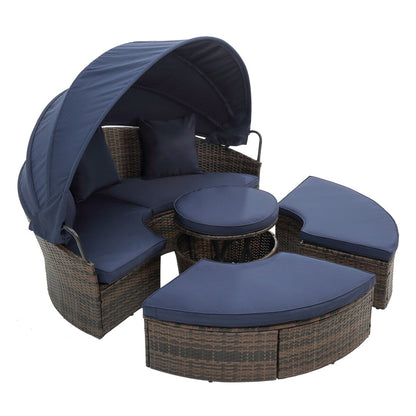 Lit de repos rond en rotin pour extérieur avec table basse relevable, canapé-lit profond bleu marine avec oreillers et coussins lavables