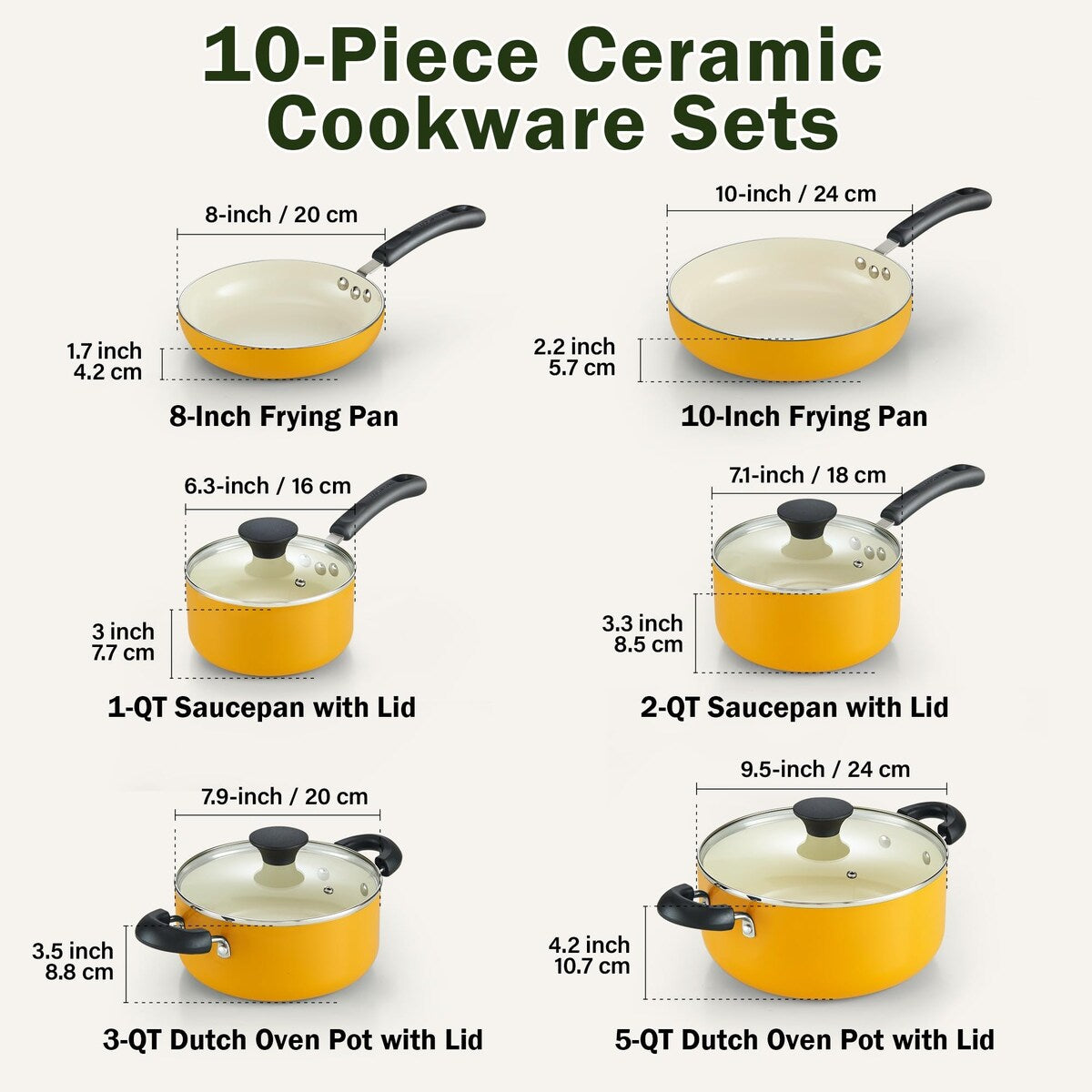 Ensemble de casseroles et poêles antiadhésives, batterie de cuisine en céramique 10 pièces, ensemble de cuisson antiadhésif avec casseroles