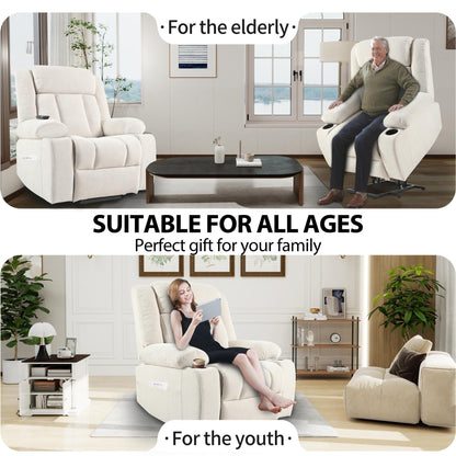 Fauteuil releveur électrique pour personnes âgées, en tissu, avec repose-pieds allongé, 2 porte-gobelets, poches latérales et télécommande.