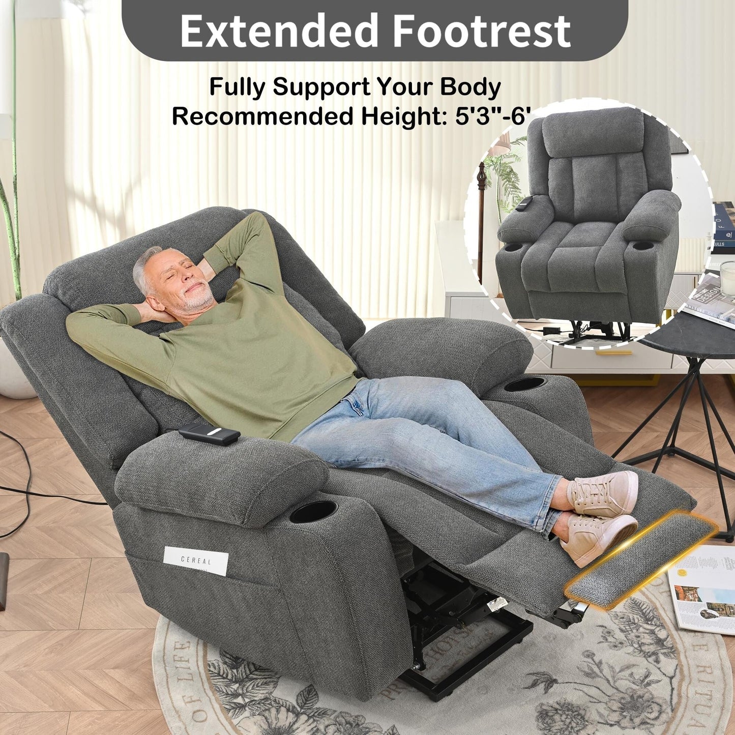 Fauteuil releveur électrique pour personnes âgées, en tissu, avec repose-pieds allongé, 2 porte-gobelets, poches latérales et télécommande.