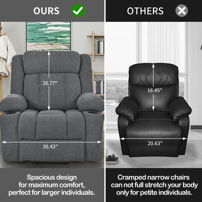 Fauteuil releveur électrique pour personnes âgées, en tissu, avec repose-pieds allongé, 2 porte-gobelets, poches latérales et télécommande.