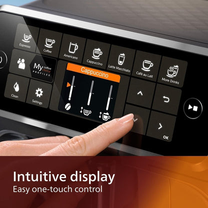 Machine à expresso haut de gamme, 12 cafés chauds/glacés, système LatteGo, moulin en céramique, chrome noir