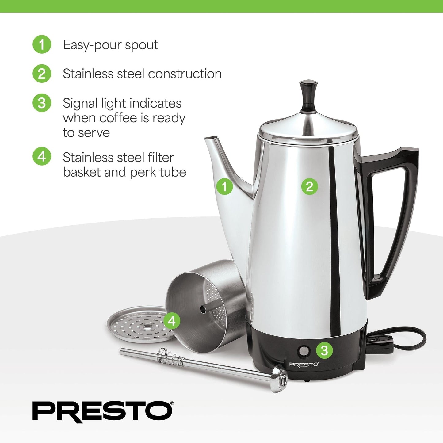 Cafetière Presto en acier inoxydable, percolateur robuste 12 tasses, argent - 2,79