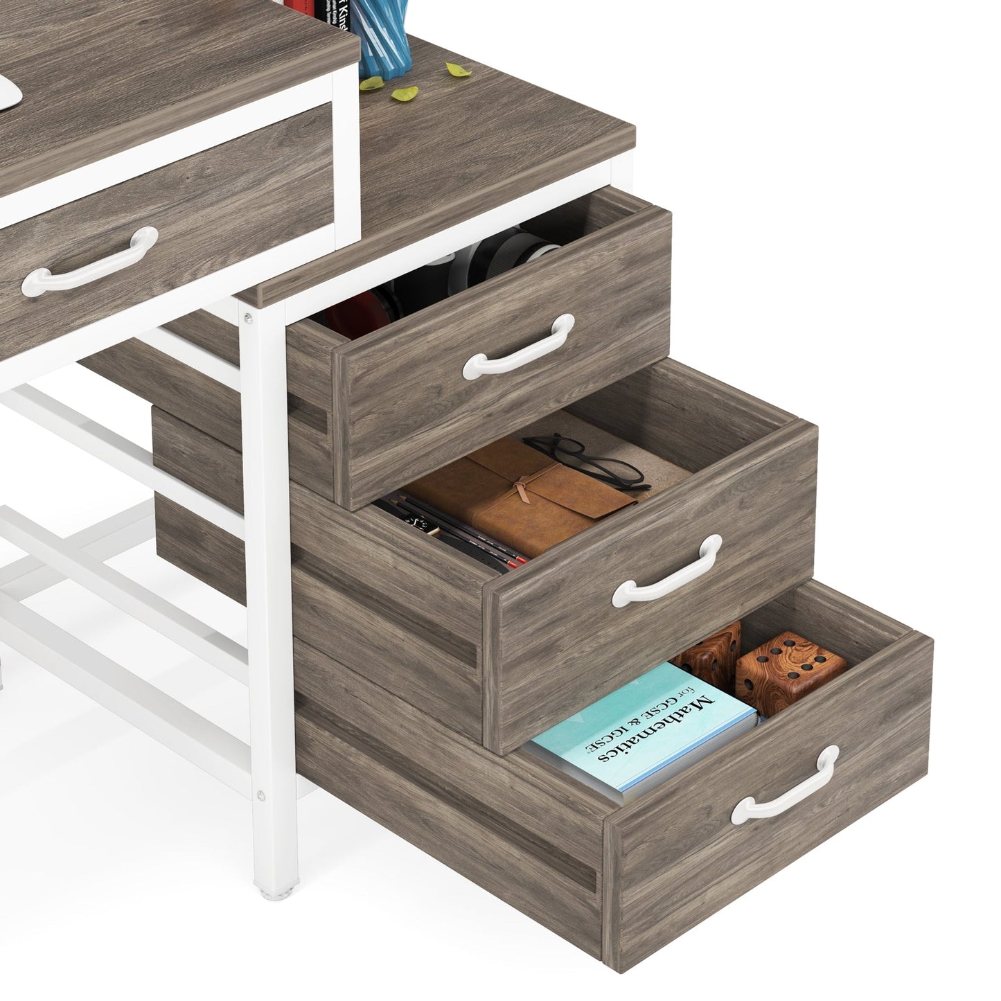 Bureau d'ordinateur réversible avec 5 tiroirs, bureau à domicile avec classeur, tiroir et support d'imprimante