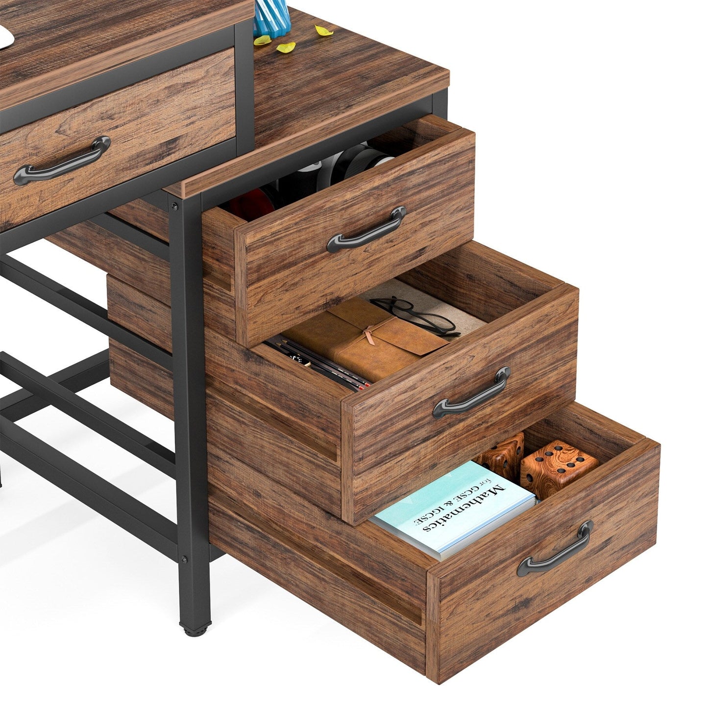 Bureau d'ordinateur réversible avec 5 tiroirs, bureau à domicile avec classeur, tiroir et support d'imprimante