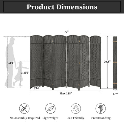 Paravent de séparation de pièce de 6 pieds de haut en fibre tissée, écran de confidentialité autoportant, écran pliant
