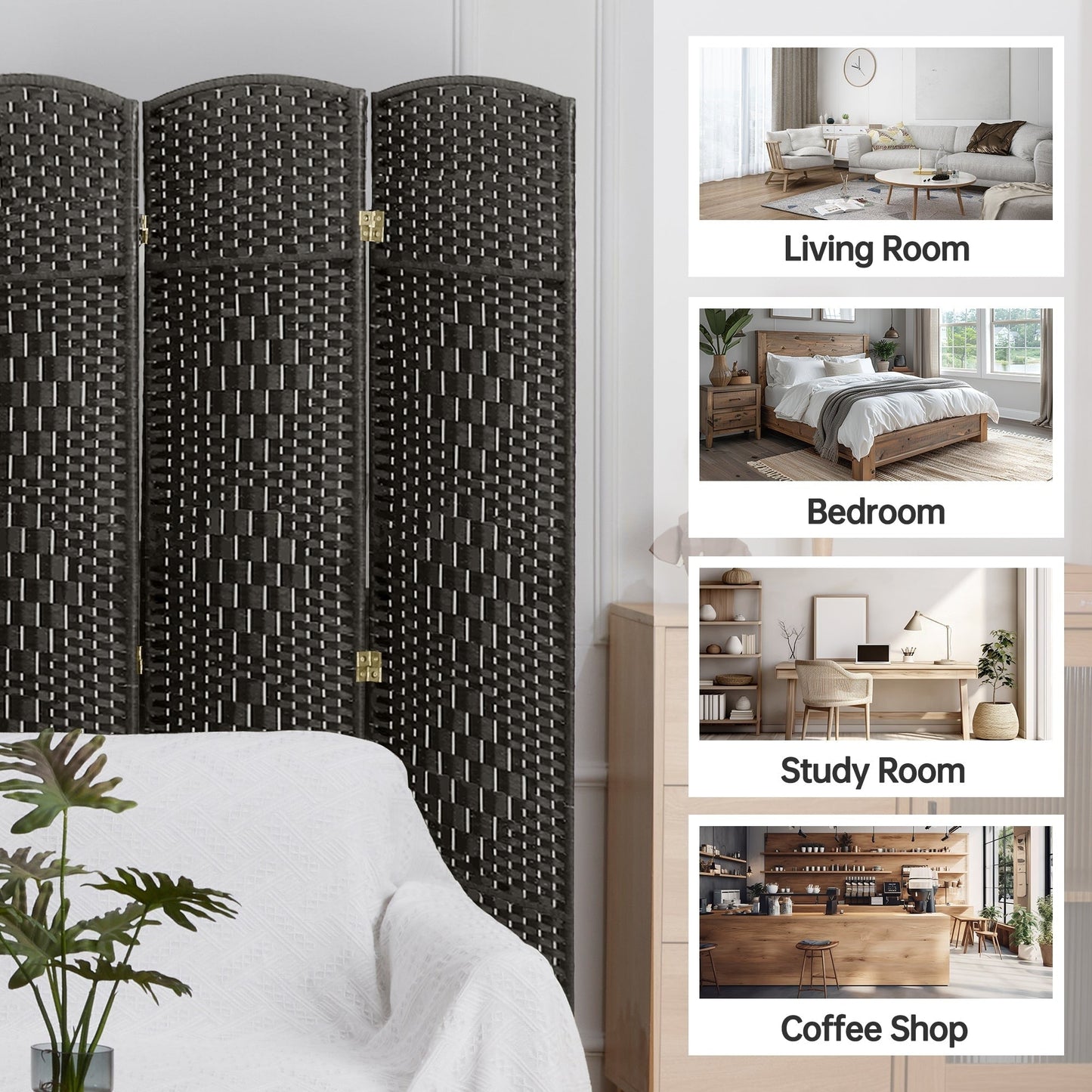 Paravent de séparation de pièce de 6 pieds de haut en fibre tissée, écran de confidentialité autoportant, écran pliant